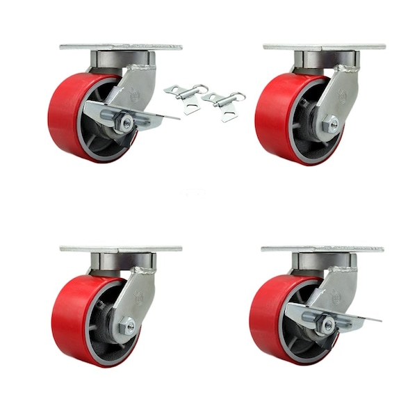 Service Caster 6'' Heavy Duty Red Poly on Cast Iron Caster Set 2 Swivel Lock 2 Brakes, 4PK CRAN-SCC-KP92S630-PUR-RS-BSL-2-SLB-2 - main